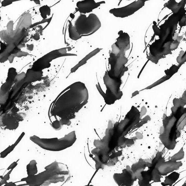 Seamless black watercolor brushes pattern and white background