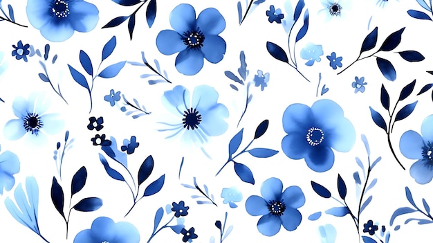 흰색 바탕에 원활한 파란색 꽃 수채화 패턴