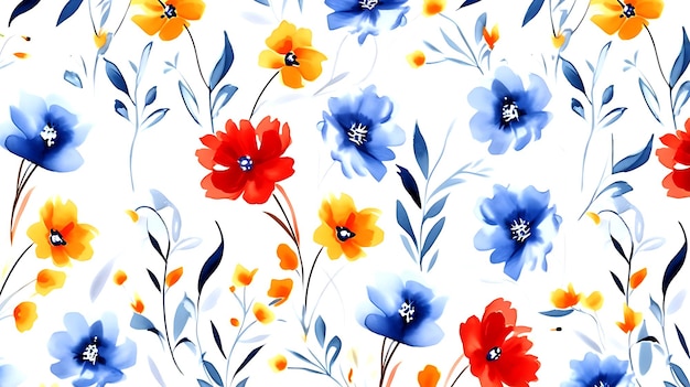 seamless blue red yellow floral water color pattern with leaves on white background