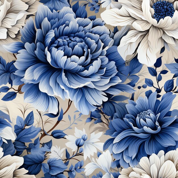 Seamless blue and white watercolor pattern floral generative ai