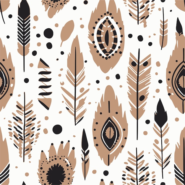 Seamless boho pattern with feathers and arrows on a white background