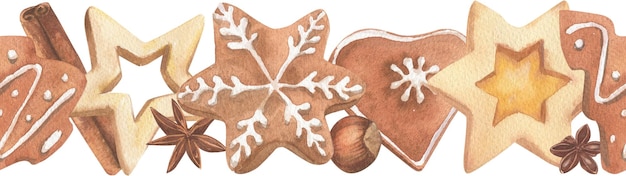 Seamless border of Christmas cookies painted in watercolor Cozy pattern for the Christmas mood