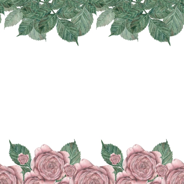 Foto cartolina postale con cornice senza cuciture di rose rosa di diverse dimensioni e foglie verdi su sfondo bianco illustrazione ad acquerello modello per imballaggio design cartoline inviti tessili