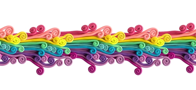 Photo seamless border plasticine 3d illustration with colored curls rainbow isolated on white backgroun