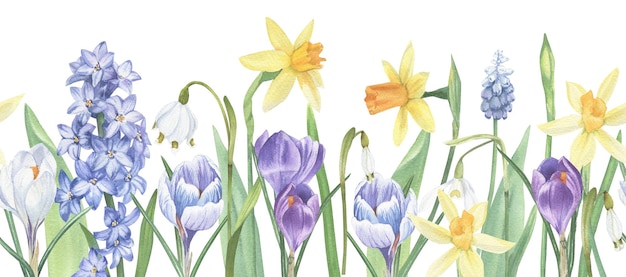 Seamless border of spring flowers and leaves painted in watercolor