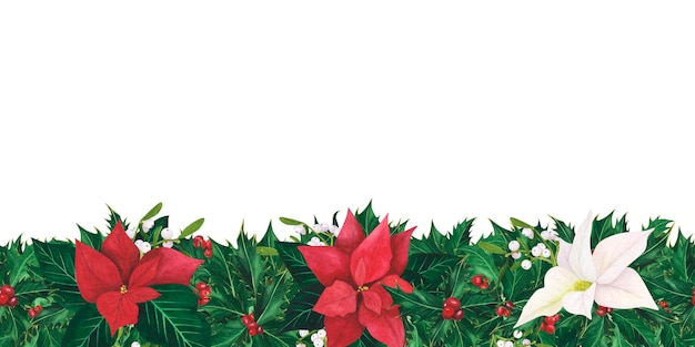 Seamless border with christmas holly leaves berries poinsettia
mistletoe watercolor illustration for template poster