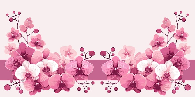 ピンクのオルキディアのシームレスボーダー フラワーボーダーデザイン グリーティングカード ベクトルイラスト