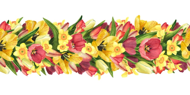 Seamless Border with Tulips yellow red and daffodils Watercolor Illustration Easter floral for womens day 8 march