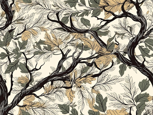Бесшовный ботанический узор с красивым дизайном фона обоев иллюстрации дерева Generative AI