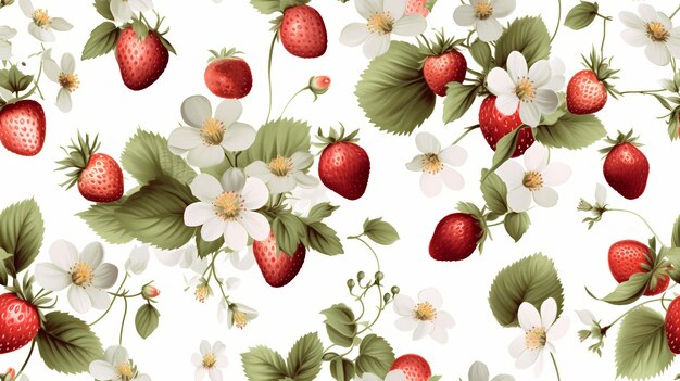 Бесшовный ботанический узор с цветами и ягодами клубники на белом фоне Generative AI