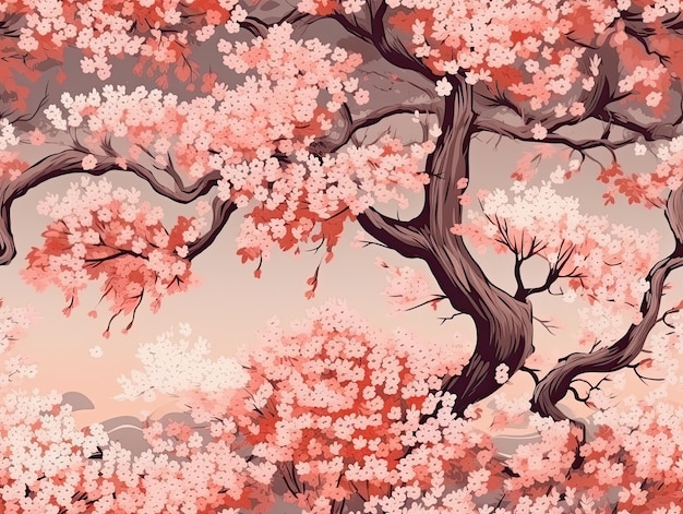 Seamless botanical pattern with pink blossom tree wallpaper background design Generative AI