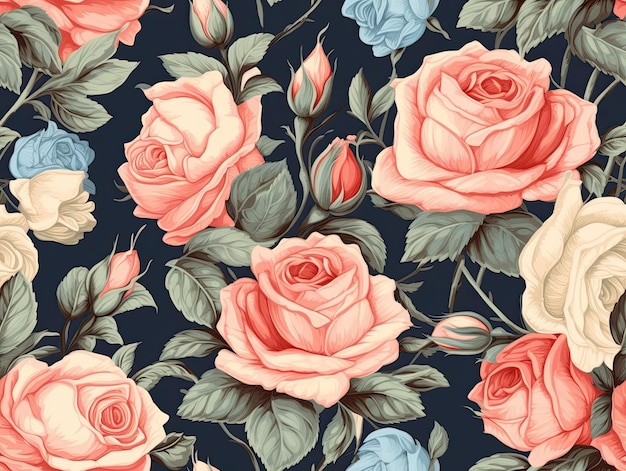 Seamless botanical pattern with rose flowers wallpaper background design Generative AI