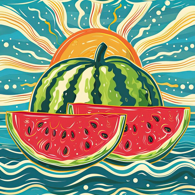 Photo seamless bright pattern of watermelon and sun summer mood