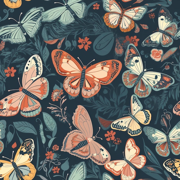 Бесшовные бабочки с счастливыми цветами