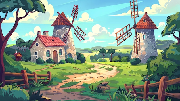 seamless cartoon stylized vector illustration on the theme of the european landscape with a windmill for print create videos or web graphic design user interface card poster