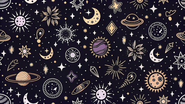 Seamless celestial pattern with stars moons and planets
