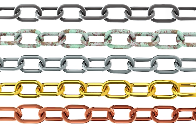 Seamless chains isolated on white background for continuous replicate - realistic 3D render illustration.