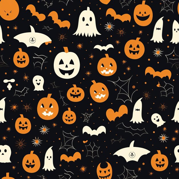 A seamless a charming halloween pattern with a classic black backdrop displays a variety of smiling