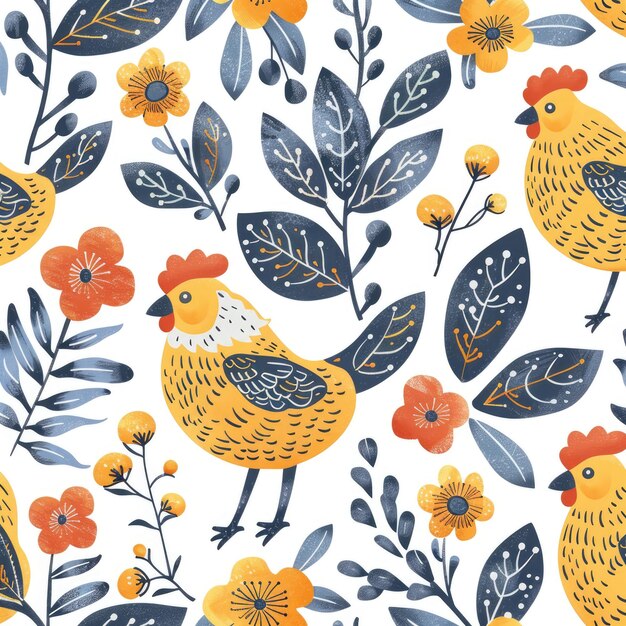 Seamless Chicken and Floral Pattern for Spring and Summer Illustration Design