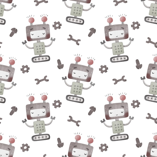 seamless childish pattern with cartoon robots decor elements colorful illustration for kids