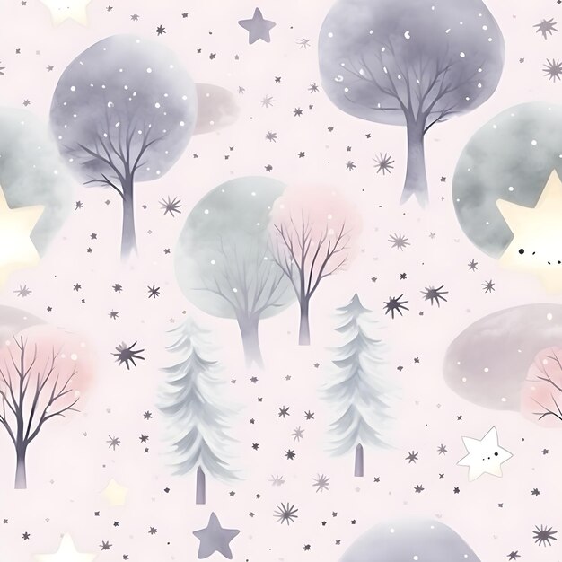 Seamless childish watercolor pattern with forest at nigh