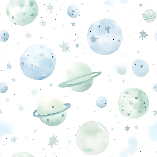 Seamless childish watercolor pattern with planets and stars in blue and green