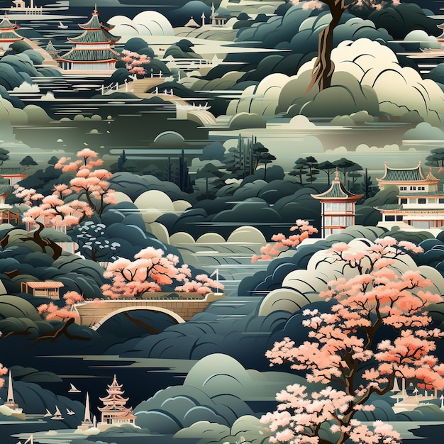 Photo seamless chinoiserie pattern with landscape in traditional oriental generative ai