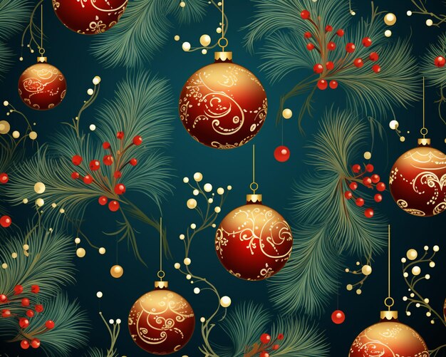 бесшовный рождественский фон с красными и золотыми украшениями и сосновыми иголками, генеративный ai