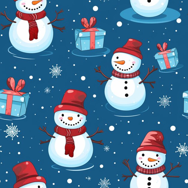 Seamless christmas background with snowmen and presents generative ai