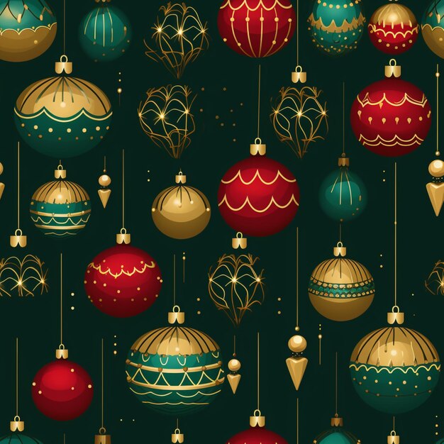 seamless christmas balls and ornaments on a dark green background generative ai