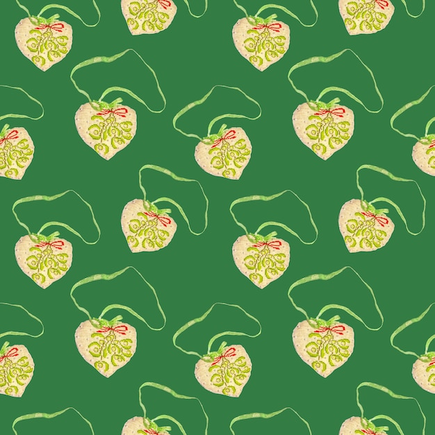 Seamless christmas pattern from soft christmas tree decoration\
embroidered in the shape of a heart isolated on light green, print\
for paper, fabric, wallpaper.