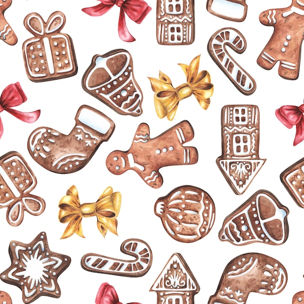 Photo seamless christmas pattern hand drawn watercolor illustration new year's wallpaper ginger cookies