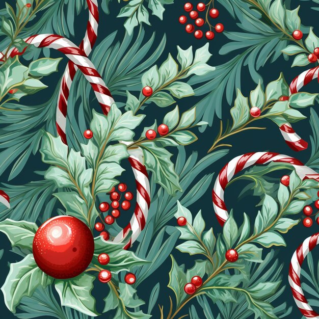 キャンディケインとヒイラギの葉を使ったシームレスなクリスマスパターン生成ai