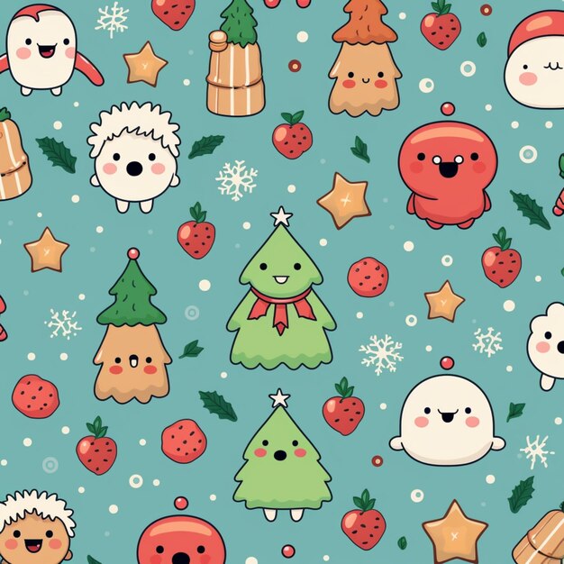 seamless christmas pattern with cute animals and trees generative ai