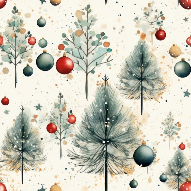 Seamless Christmas pattern with fir trees and xmas balls Watercolor style