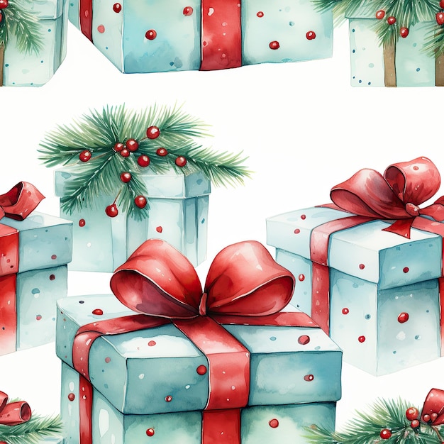 Seamless Christmas pattern with gift boxes Watercolor style