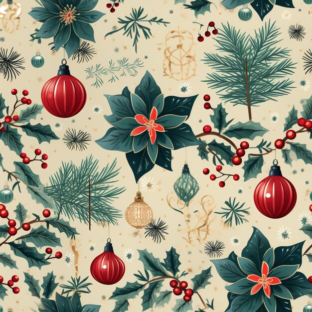 Photo seamless christmas pattern with holly leaves generative ai