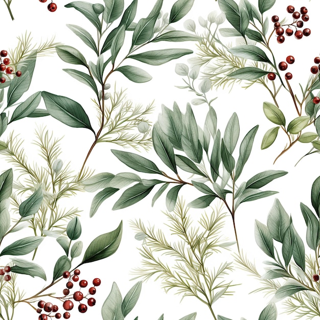 Seamless Christmas pattern with mistletoe branches leaves and berries Watercolor style