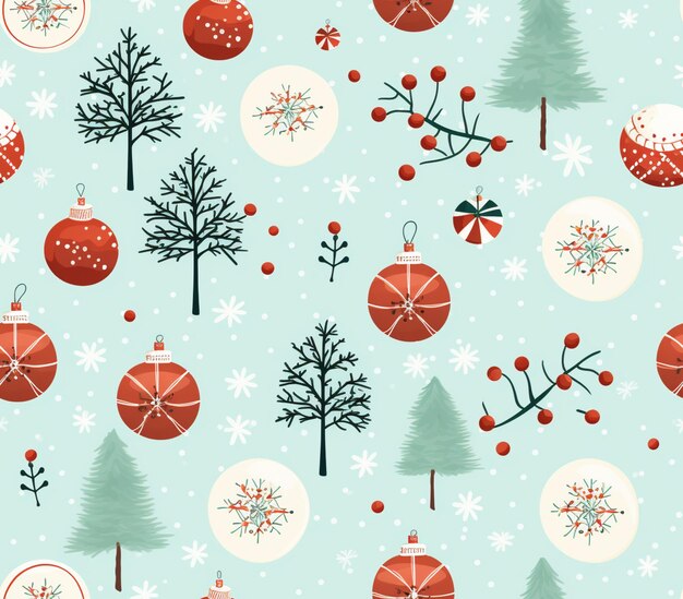 Seamless christmas pattern with ornaments and trees on a blue background generative ai