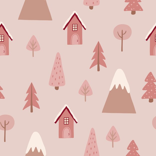 Seamless christmas pattern with pink pastel christmas trees houses and mountains