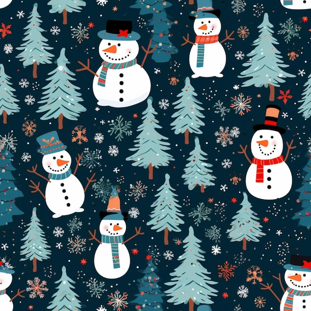 Фото Беспрепятственный рождественский рисунок со снеговиками и деревьями