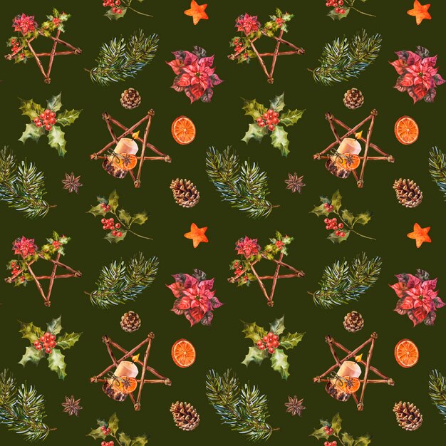 Photo seamless christmas pattern with wooden star holly berries orange dry spices and pine branches