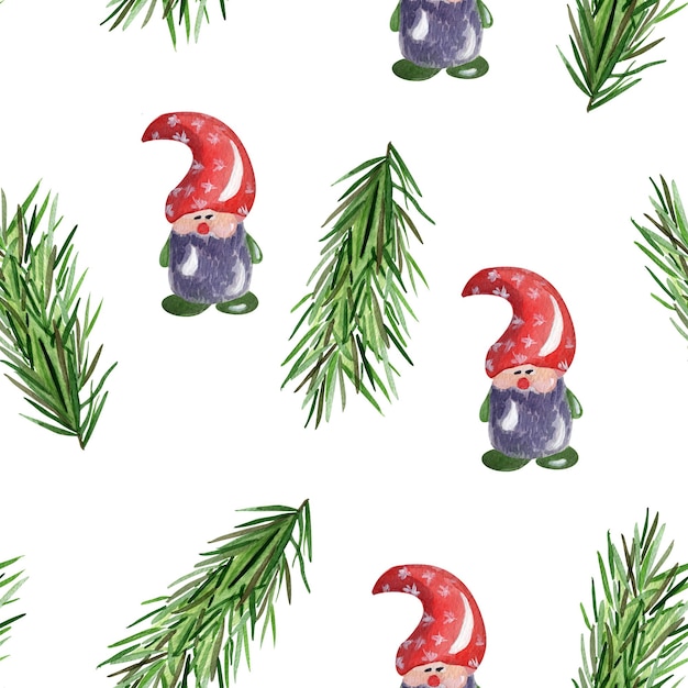 Seamless christmas watercolor pattern with santa pine sprigs
