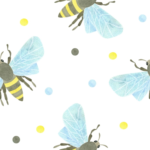 Seamless closeup drawing with honey bees and multicolored watercolor spots on a white background