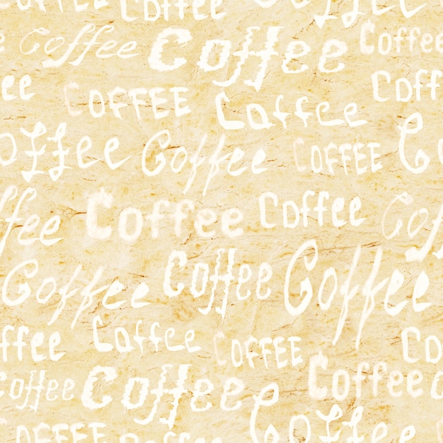 Seamless coffee pattern with lettering Coffee on beige old paper surface