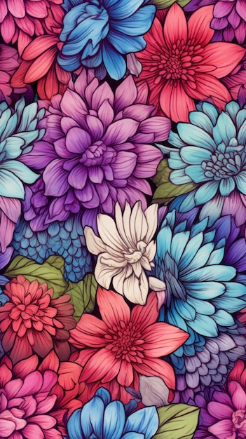 Seamless Color Pencil Style Line Art Flowers