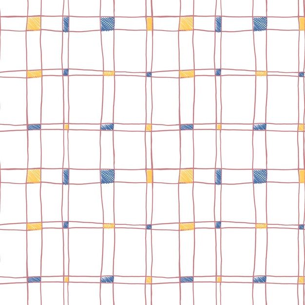 Seamless colorful bright tartan pattern for modern textile fabric apparel kitchen bedroom and paper design. Cute check repeat print hand drawn in blue yellow and white colors.