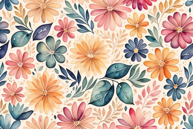 A seamless colorful watercolor floral pattern flowers pattern with white background generative ai