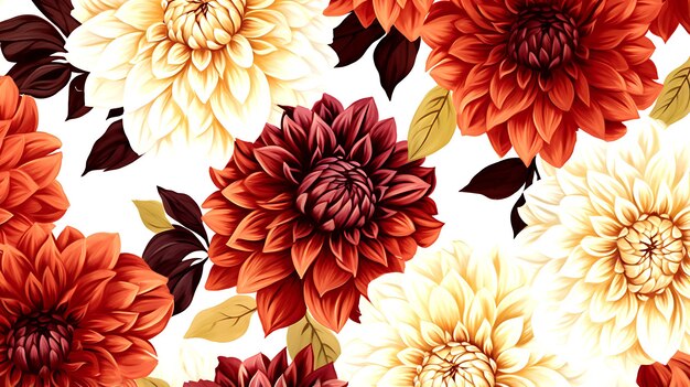 seamless Dahlia floral water color pattern on white background