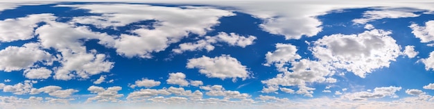 Seamless degrees angle view blue sky with clouds with zenith in equirectangular projection upper